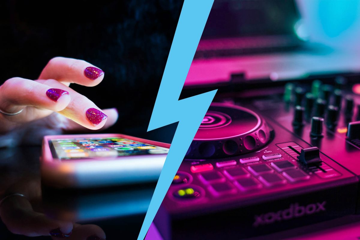 geteiltes Bild miteiner Frauen-Hand, die ein Smartphone bedient und einem DJ Mischpult